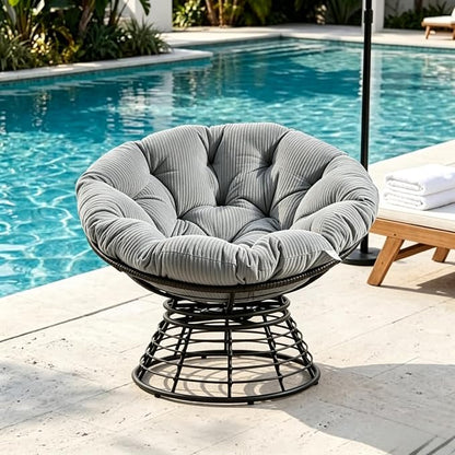 Cushion Papasan Swivel Chair, Ergonomic Wicker Round Chair with Thick Padding, Oversized Swivel Wicker Accent Chairs for Living Room, Bedroom, Reading Room, Balcony, Brown Frame, Gray