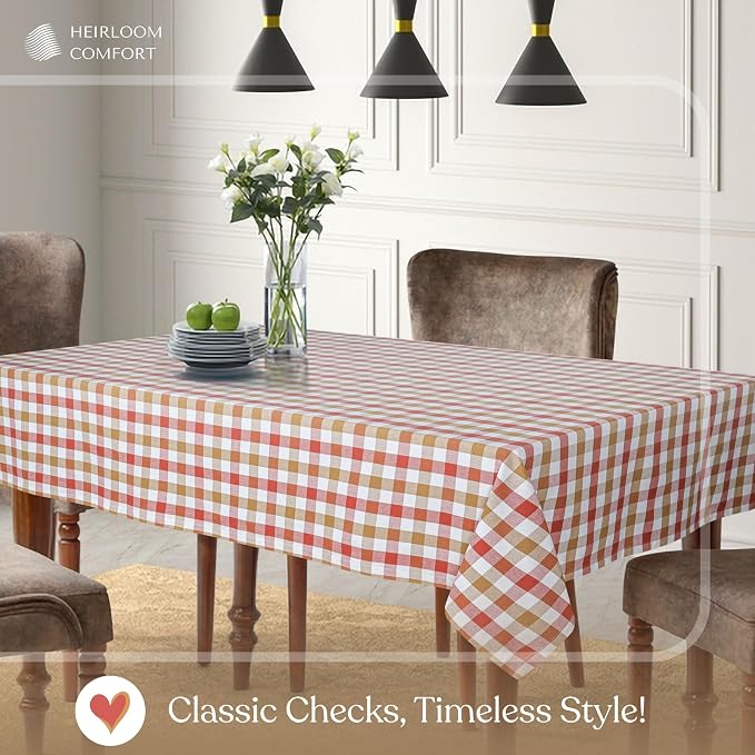 Gingham Cotton Tablecloth 60x102 Inch, Rustic Farmhouse Style, Reusable & Washable, Indoor Outdoor Dining Table Cover for Events, Everyday Use - Rust, Khaki, Natural