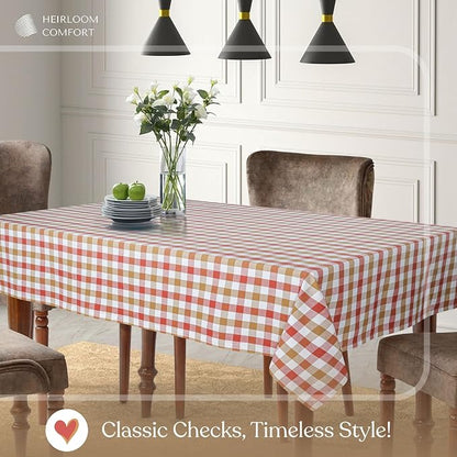 Gingham Cotton Tablecloth 60x102 Inch, Rustic Farmhouse Style, Reusable & Washable, Indoor Outdoor Dining Table Cover for Events, Everyday Use - Rust, Khaki, Natural