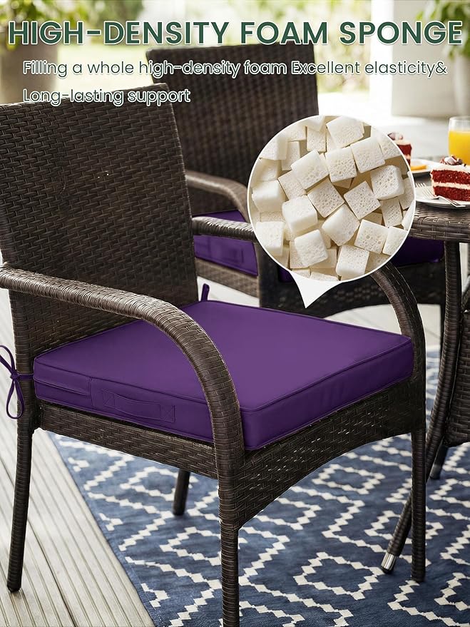 Outdoor Chair Cushion 17 x 16 x 3 Inches Patio Furniture Outdoor Waterproof Seat Cushion, Patio Chair Cushion with Handles and Ties, Square Dining Chair Cushion Set of 2, Purple