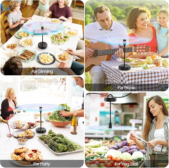 TriPole Fly Fans for Tables with Battery Display, Rechargeable, 20H Runtime | 2000mAh Rechargeable Food Fan, Quiet Operation, Flexible Neck for 360° Coverage Outdoor Fan for Picnic, Party, BBQ, Kitchen