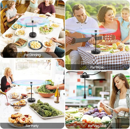 TriPole Fly Fans for Tables with Battery Display, Rechargeable, 20H Runtime | 2000mAh Rechargeable Food Fan, Quiet Operation, Flexible Neck for 360° Coverage Outdoor Fan for Picnic, Party, BBQ, Kitchen