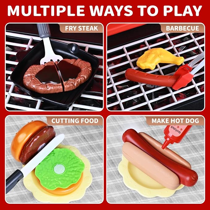 Shemira Kids Play Kitchen Toys, Kids BBQ Grill Playset, Play Grill Toys | 2-Layer Barbecue Toy with Wheel Smoke Sound Light, Outdoor Toys for Toddlers 3-5, Play Food Toys Cooking Set, Birthday Gift