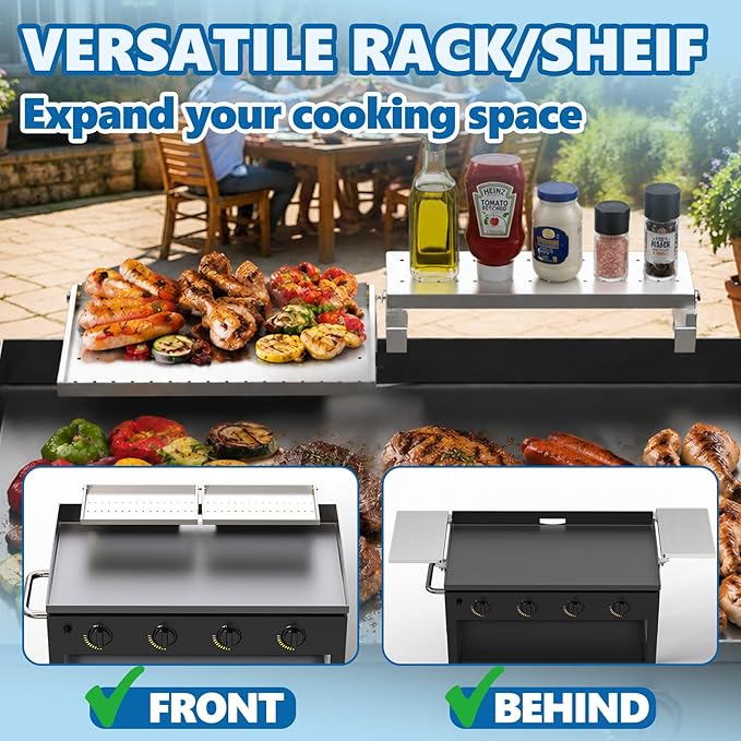 SafBbcue Griddle Warming Rack for Blackstone 36" Griddles, Reversible Warming Rack for Blackstone Flat Top Griddle Accessories to Expand Cooking Space, Universal Stainless Steel Side Shelf, 2 Pack