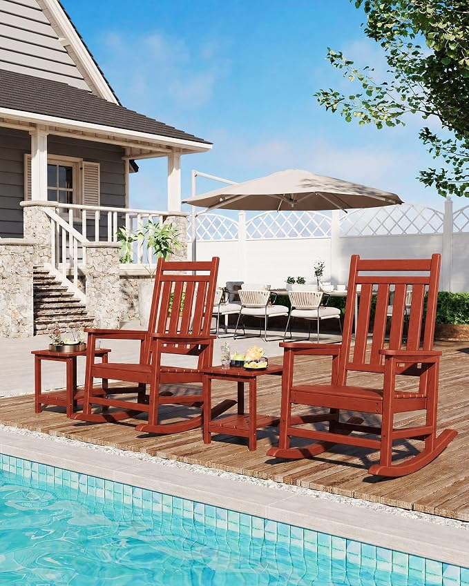 Garvee HDPE Rocking Chair Outdoor Set of 2 with Side Table - Poly High Back Porch Rocker Chairs for Adults - All Weather Resistant Furniture for Patio Front Porch - Red
