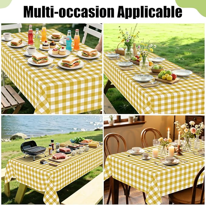 Smiry Picnic Table Cloth, Vinyl Tablecloths with Flannel Backing, 60"x120" | Waterproof Rectangle Table Cloth, Wipeable Buffalo Plaid Table Cover for Indoor and Outdoor (Gold & White)
