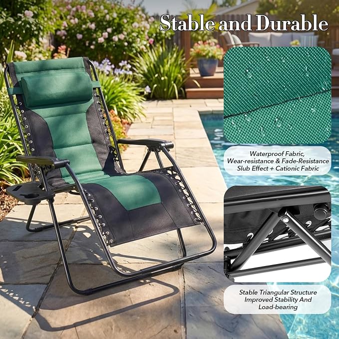 NEWBULIG Padded Zero Gravity Chair, Folding Lounge Chair Outdoor, Green | Foldable Beach Camping Recliner Chair with Adjustable Pillow and Trays for Poolside Lawn Patio