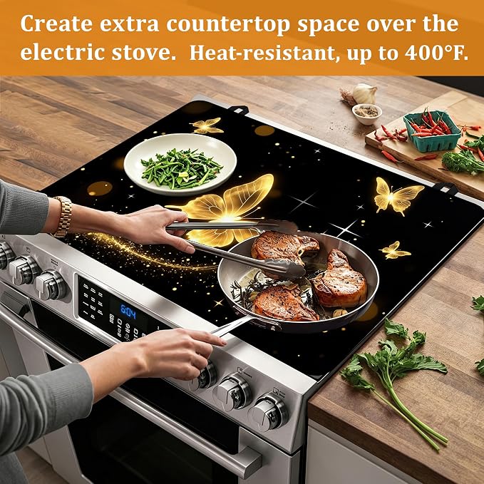 Stove Top Covers for Electric Stove,Glowing Butterfly Flat Top Stove Cover,Dark Color Heat Resistant Glass Top Stove Cover Protector Anti-Slip Range Covers, 28 x 20 Inch