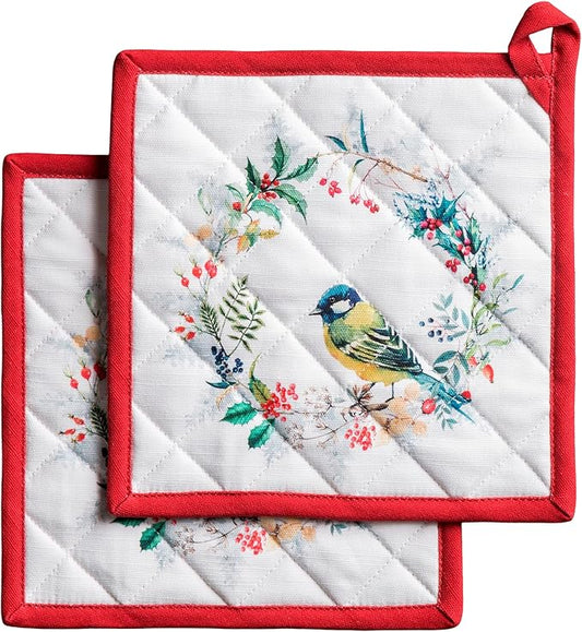 Maison d' Hermine Pot Holders Set 100% Cotton Heat Resistant Potholders 8" x 8" Hot Pads with Loop for Thanksgiving Christmas Decorations BBQ Cooking Baking Handling Hot Pans (Pack of 2, Morzine)