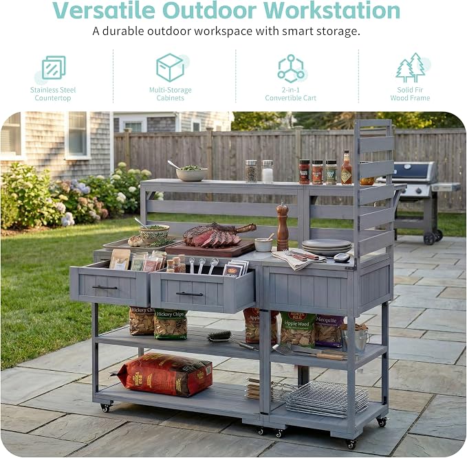 62 Inch Patio Kitchen Island with Stainless Steel Top, Gray | Gray fir wood, stainless steel top, garden or patio, raised shelf, 2 drawers, lockable wheels, modular design, 62.3 in L