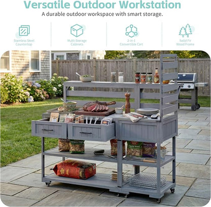Outdoor Kitchen Cart with Stainless Steel Top, 62.3 Inch | Fir wood frame, stainless surface, raised shelf, fixed shelf, 2 lockable wheels, split-use design, BBQ prep, patio garden use