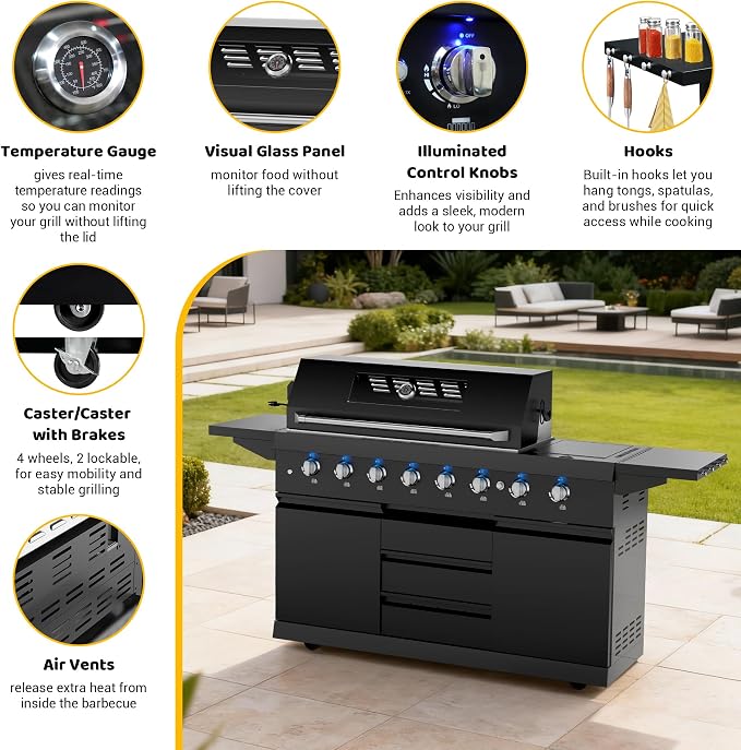 CT Copper Tailor 83-inch Outdoor Kitchen BBQ Gas Grill Island, 6 Main Burners, Infrared Rear & Side Burner,99,000 BTU, Stainless Steel, Foldable Side Table, Double Storage Cabinets & 3 Drawers