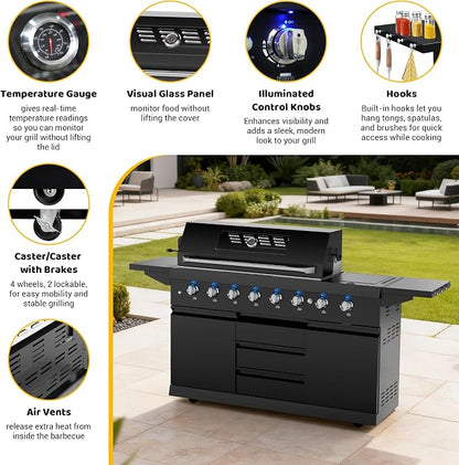 CT Copper Tailor 83-inch Outdoor Kitchen BBQ Gas Grill Island, 6 Main Burners, Infrared Rear & Side Burner,99,000 BTU, Stainless Steel, Foldable Side Table, Double Storage Cabinets & 3 Drawers