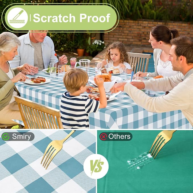 Smiry Picnic Table Cloth, Vinyl Tablecloths with Flannel Backing, 60"x102" | Waterproof Rectangle Table Cloth, Wipeable Buffalo Plaid Table Cover for Indoor and Outdoor (Aquamarine & White)