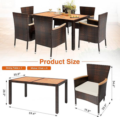 Shintenchi 7 PCS Patio Dining Set, Wicker Patio Conversation Set with Wooden Table Top, Outdoor Table and Chairs with Soft Cushions for Backyard, Deck and Garden, Brown Wicker