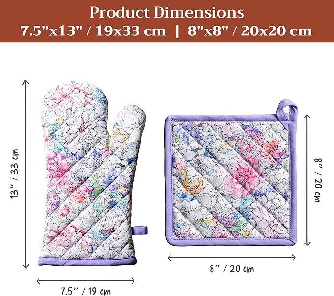Maison d' Hermine 100% Cotton Oven Mitt & Pot Holder Set (7.5"x13" & 8"x8") Heat Resistant BBQ Cooking Gloves with Loop Baking Grilling Kitchen Hotel Home Farmhouse Spring Summer (Floral Love)