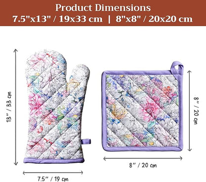 Maison d' Hermine 100% Cotton Oven Mitt & Pot Holder Set (7.5"x13" & 8"x8") Heat Resistant BBQ Cooking Gloves with Loop Baking Grilling Kitchen Hotel Home Farmhouse Spring Summer (Floral Love)