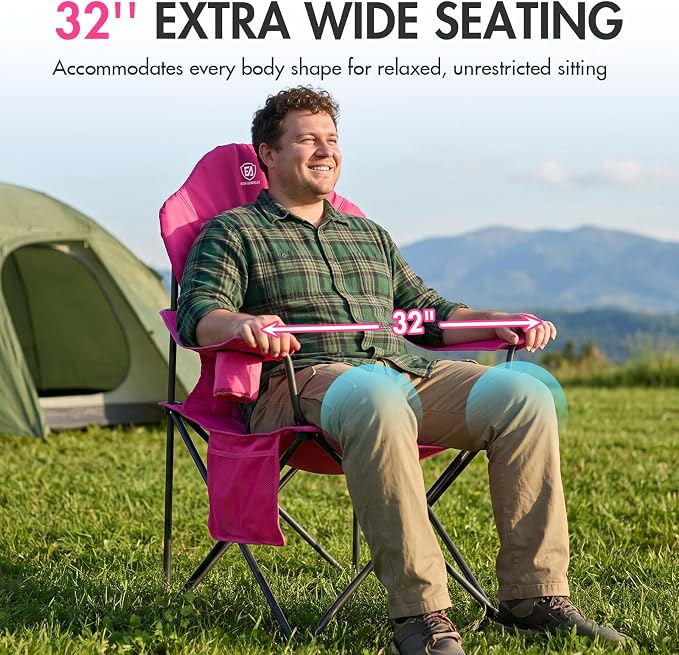 EVER ADVANCED Oversized Camping Chairs, Folding Chairs for Outside Heavy Duty 400LBS Lawn Chairs High Back Camp Chair with Cup Holder for Outdoor, Fishing & Sports, Pink
