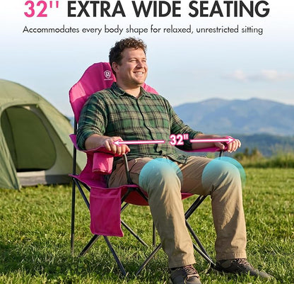 EVER ADVANCED Oversized Camping Chairs, Folding Chairs for Outside Heavy Duty 400LBS Lawn Chairs High Back Camp Chair with Cup Holder for Outdoor, Fishing & Sports, Pink