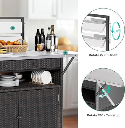 YITAHOME XL Outdoor Kitchen Wicker Island Rolling Cart & Storage Cabinet, Wheels and Stainless Steel Extended Table Top, Side Handle for Patio Kitchen or Bar Cart, Dark Brown