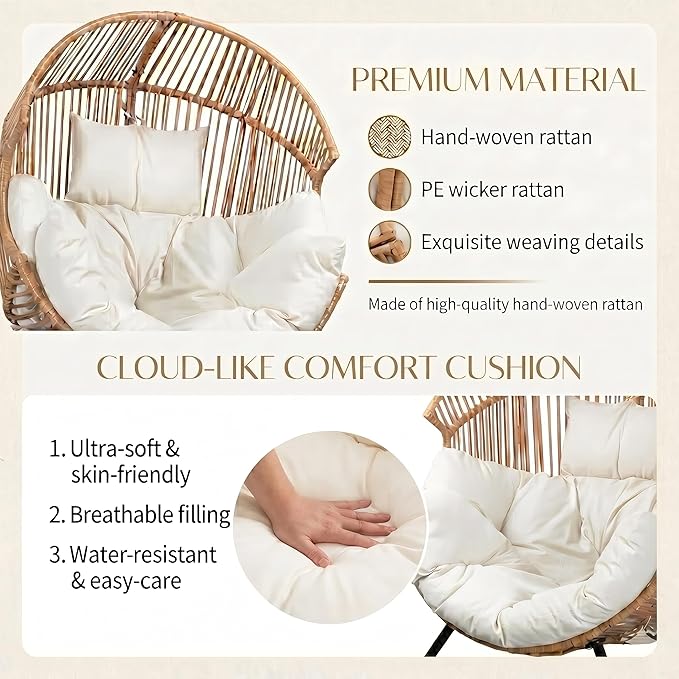 Oversized Outdoor Wicker Egg Chair Set of 2, Patio Lounge Chair Basket Seat with Thick Cushion, All Weather Indoor Outdoor Porch Rockers for Balcony, Living Room, Lawn Garden