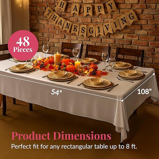 Prestee 48 White Plastic Tablecloth 108x54 Inches - No See-Through Rectangular Disposable Tablecloths for Indoor and Outdoor Events - Heavy-Duty and Waterproof for Holiday and Thanksgiving