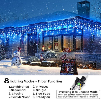 132ft Icicle Lights for Outside, Blue and White Christmas Lights Outdoor Indoor, 1280 LED Twinkle String Light with 240 Drops Curtain Light for Thanksgiving Room Home Wall Bedroom Window Decoration