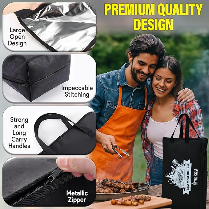 BBQ Blanket for Resting Meat - Brisket Blanket & 5-Layer Reusable Insulated Meat Resting Bag with Wide Mouth Design & Max Heat Retention for Tender with Pork & Turkey (21 Inch Black)