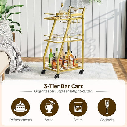 Bar Cart, 3-Tier Home Bar Serving Cart with Wheels, Drink Cart with Glass Holder, Beverage Cart, Rolling Kitchen Cart, for Home, Living Room, Transparent and Gold BC03GD