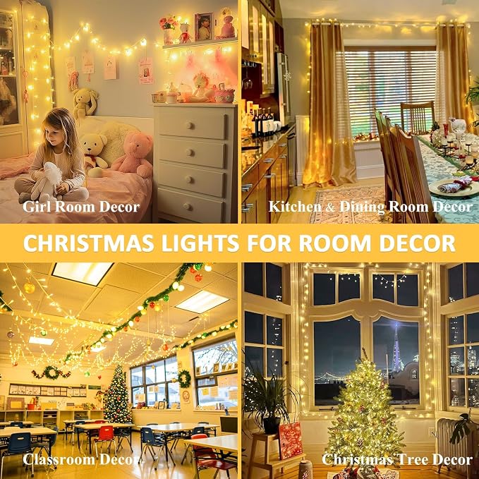 JMEXSUSS Outdoor String Lights Indoor for Bedroom, Classroom Lights Plug in | 200 LED 66 Ft Twinkle Christmas Tree Lights for Wedding Room Wall Yard Patio Classroom Decor, Connectable, Warm White