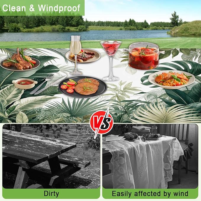 JAWO Picnic Table Cover with Bench Covers and Bag, Tropical Plant Leaves Rv Essentials, Waterproof Windproof Fabric, Fitted Tablecloth Cover with Elastic Edge, 3 PCS, 30x60 Inch