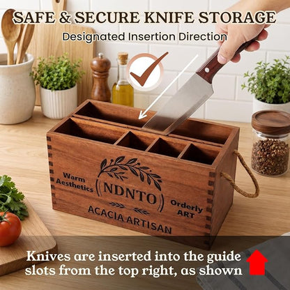 Large Farmhouse Acacia Wood Kitchen Utensil Holder with Knife Block | Kitchen Utensil Holder for Countertop with Cutting Board Storage & Rope Handles for Kitchen Counter, Island & Dining Room