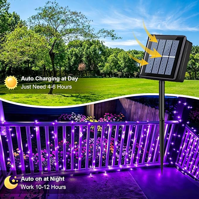 QITONG Purple Solar String Lights, 2 Pack Each 66ft 200 LED Christmas Fairy Lights Outdoor Waterproof, 8 Modes Green Wire Twinkle Lights for Outside