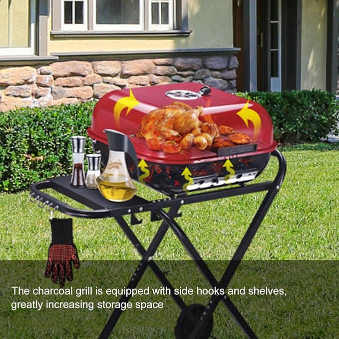 Portable Charcoal Grill with Wheels, Foldable BBQ Grill for Outdoor Cooking, Heavy Duty Charcoal Barbecue Grill for Camping Griddle, Backyard, Patio, Picnic Grilling, Travel