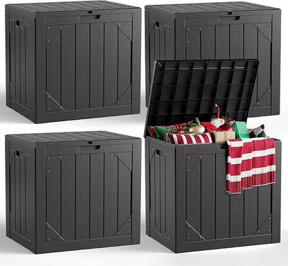 31 Gallon Outdoor Deck Box 4 Pack, Waterproof Resin Patio Storage Boxes with Lockable Lid, Small Outdoor Storage for Cushions, Accessories, Garden Tools, Indoor Outdoor Organizer, Black