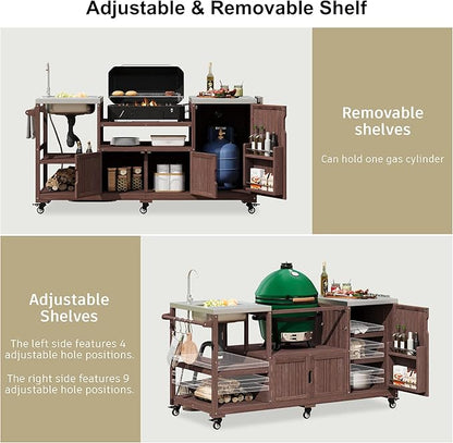 75.4" Outdoor Kitchen Island with Sink, Solid Wood Grill Cart for XL Big Green Egg, Rolling Outdoor Bar Cart with Stainless Steel Top, Adjustable Shelves, 6 Wheels for BBQ Pizza Prep