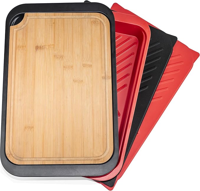 Czlizdyt Bamboo Grilling Prep and Serve Trays with lid | BBQ Tray for Marinating Raw and Cooked Food, Diswasher Safe Nesting Trays Black in Red