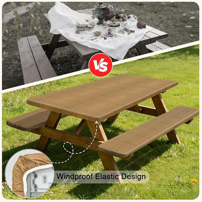 Picnic Table Cover with Bench Covers Windproof Waterproof Picnic Table Covers Camping Tablecloth with Self-Storage Bag, 72in, Light Tan