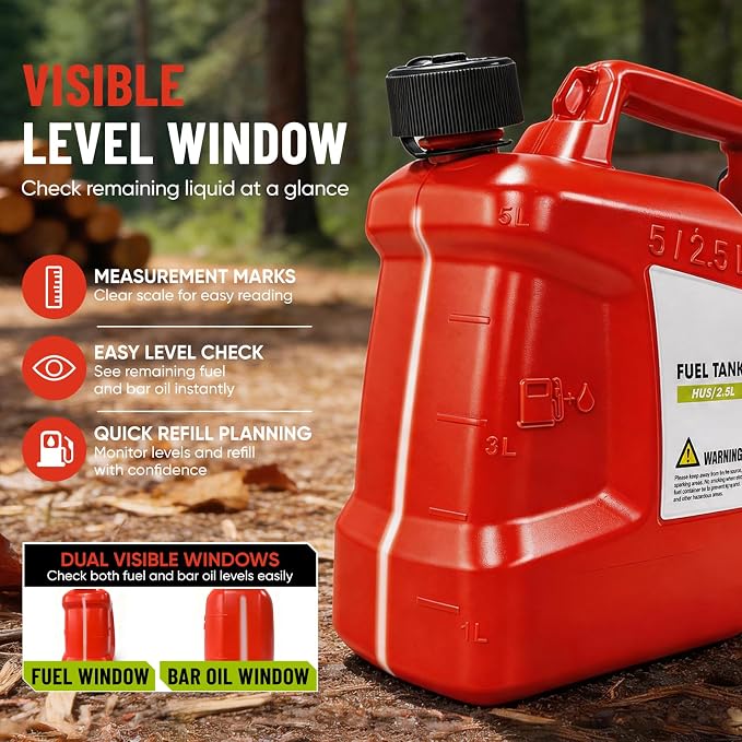 Dual-Chamber Chainsaw Fuel and Bar Oil Can, Portable 2-in-1 Refueling Container with Adjustable Shoulder Strap, Visible Level Window, Covered Tool Storage Box and Leak-Resistant Pour Spouts for Forestry Yard Farm Work