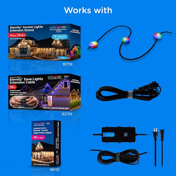 Enbrighten Accent Permanent Outdoor Lights, 50ft, 12 Lights, Smart | Black Cord, RGBWIC LEDs, Weatherproof, Cuttable, Link to 200ft, Christmas, App Control, Works with Alexa & Google Home
