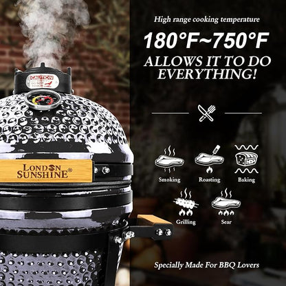 London Sunshine Ceramic BBQ Charcoal Kamado Grill 13 inch Portable Tabletop BBQ Bright Gray