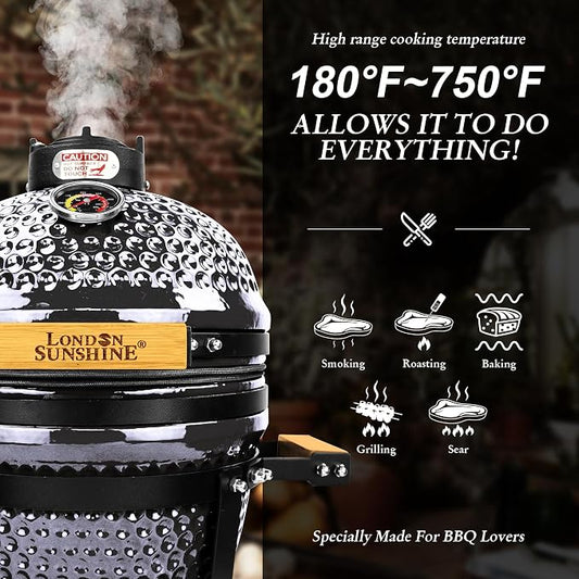 London Sunshine Ceramic BBQ Charcoal Kamado Grill 13 inch Portable Tabletop BBQ Bright Gray