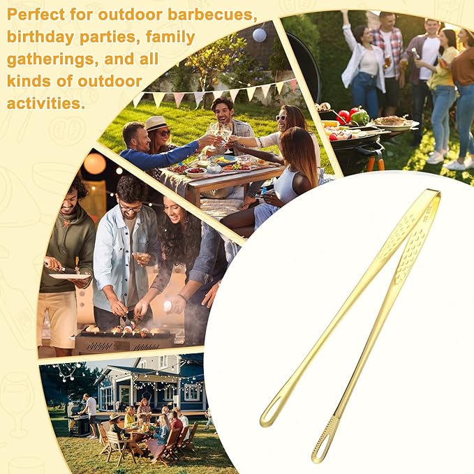 M METERXITY 2-Pack Extra Long Grill Tongs, 9.4 Inch Non-Slip 304 Stainless Steel Locking Tongs for Cooking/Buffet/Outdoor Barbecue, Korean BBQ Tweezers Metal Clamp Tool [Gold Tone]