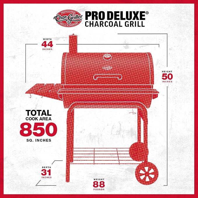 Char-Griller® Pro Deluxe Charcoal Barrel Grill, EasyDump™ Ash Pan, Premium Front and Side Shelves with Utensil Hooks, 850 Square Inches of Cooking Space in Black, Model E2827