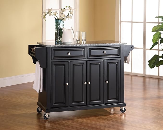 Crosley Furniture Full Size Granite Top Rolling Kitchen Island Storage Cart, Microwave Stand, Spice Rack, Black