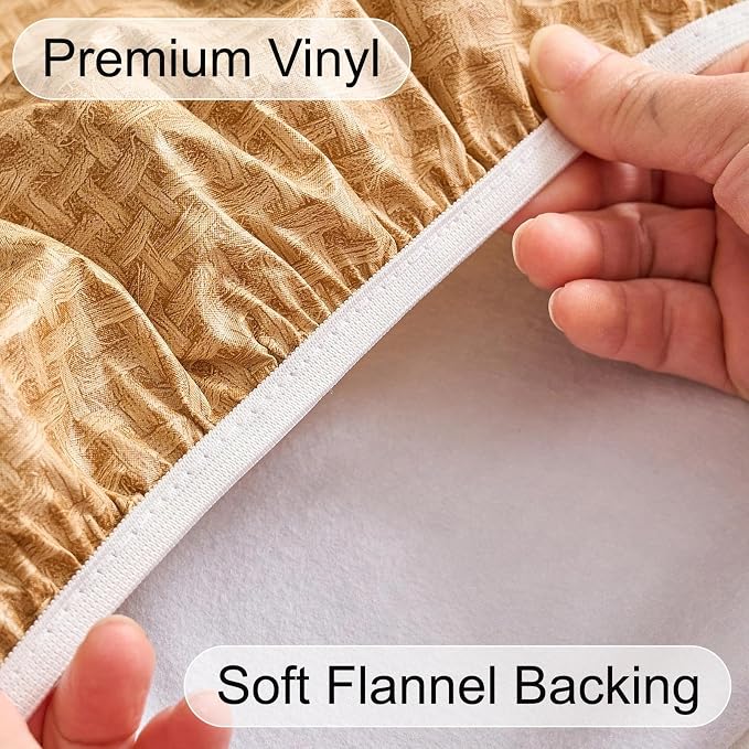LIBERECOO Round Fitted Tablecloth with Elastic, Waterproof Vinyl with Flannel Backing, Plain Weaves Pattern Wipeable Plastic Table Cloth for Kitchen and Dining Room, Fits 57"-65" Round