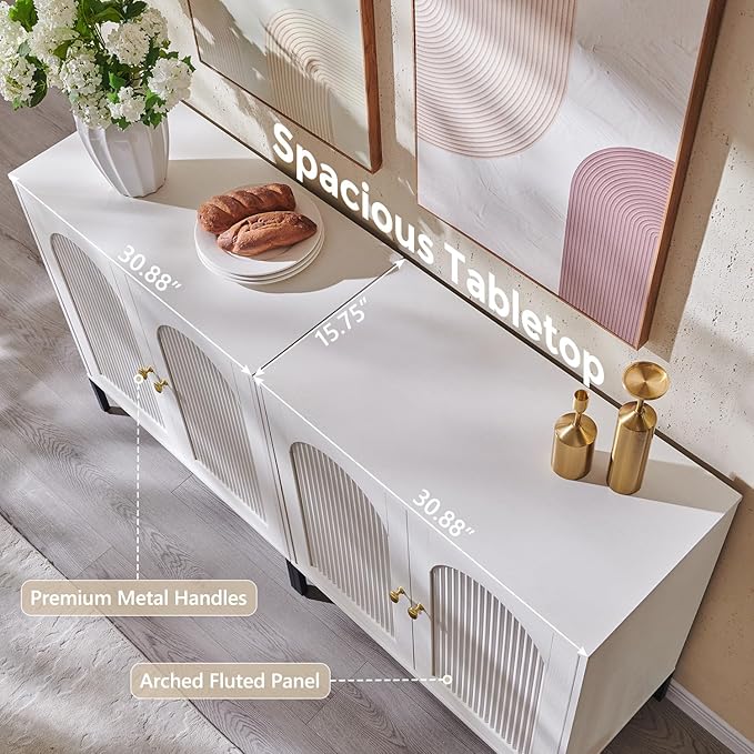 IFGET Modern Buffet Cabinet with Storage, 61.75" W Fluted Arched Sideboard Cabinet w/Adjustable Shelves, Wooden Modular Coffee Bar for Dining Room, Kitchen, Living Room, Entryway, White