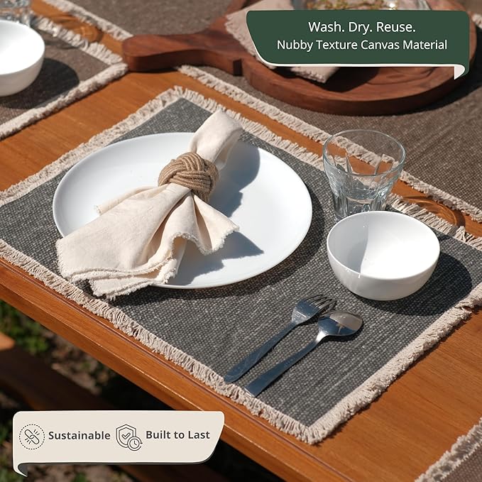 Hausattire Cotton Frayed Placemats Set of 6 Dining Table 14x14 Inch | Rustic Boho Washable Easter Placemat for Outdoor Parties BBQ's Wedding, Holiday, Special Occasions, Nubby Cotton - Washed Black