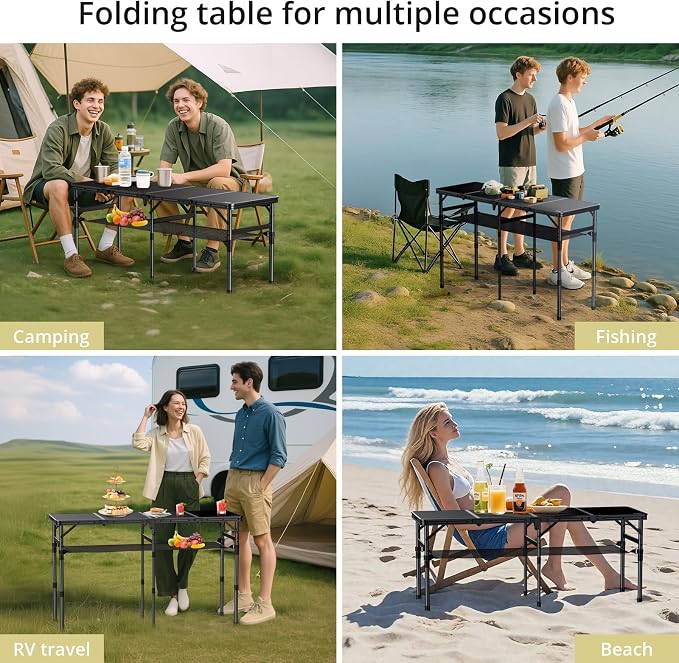 Anbte 4-Fold Camping Table, 46” X 16” Portable Folding Camping Table, Black | 3 Adjustable Height Max 27.5”, with Storage Net, Aluminum Lightweight Folding Table, for Picnic Beach RV Travel Tailgate Camp