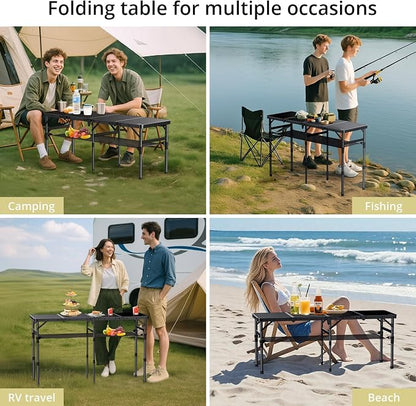 Anbte 4-Fold Camping Table, 46” X 16” Portable Folding Camping Table, Black | 3 Adjustable Height Max 27.5”, with Storage Net, Aluminum Lightweight Folding Table, for Picnic Beach RV Travel Tailgate Camp